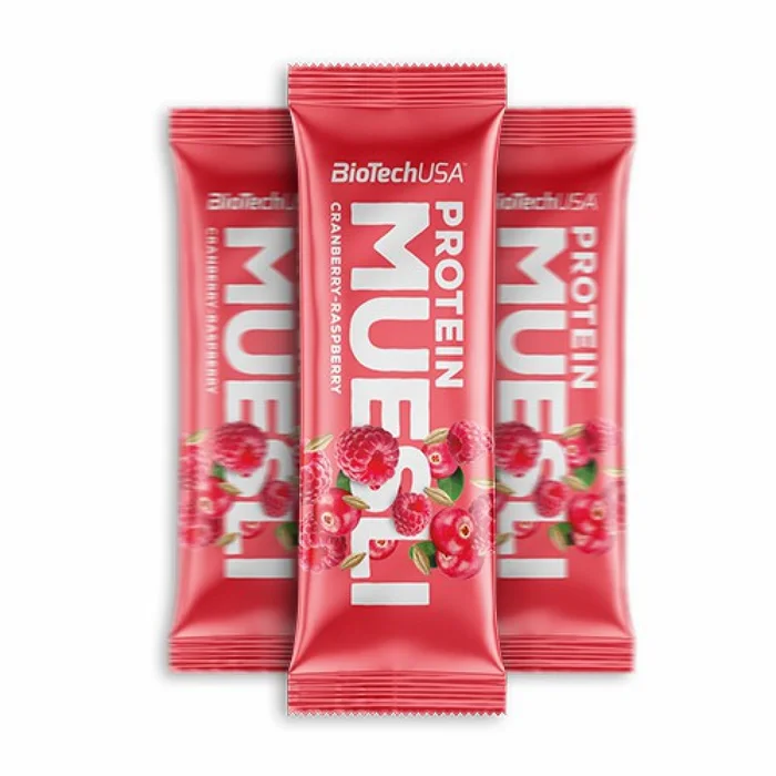 Barre proteinée Biotech USA muesli – Canneberges-framboise (x28)