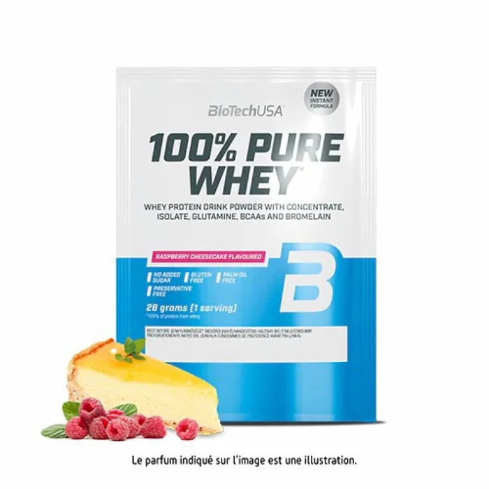 Lot de 50 sachets de protéines 100 % pur lactosérum Biotech USA – Cheesecake aux frambois – 28g