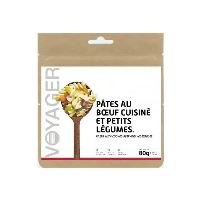 Meilleure Qualité Repas lyophilisé Voyager Pâtes au bœuf cuisiné et petits légumes 80g