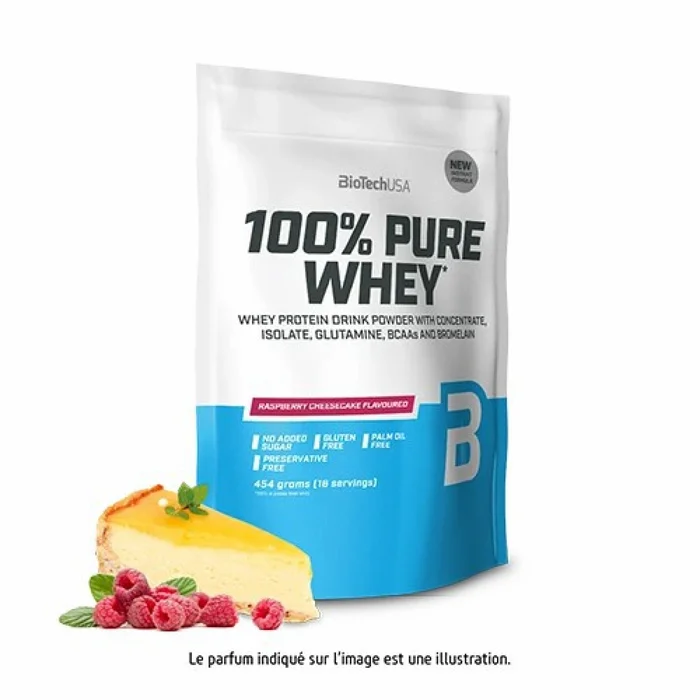 Sacs de protéines 100 % pur lactosérum Biotech USA – Cheesecake aux frambois – 454g