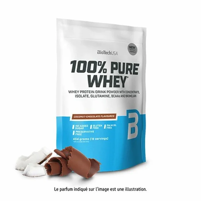Sacs de protéines 100 % pur lactosérum Biotech USA – Noix de coco-chocolat – 454g