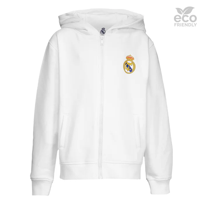 Sweatshirt Hoodie Zipper Kids ECO Essentials Real Madrid Shield White – Boutique Officiel Real Madrid CF